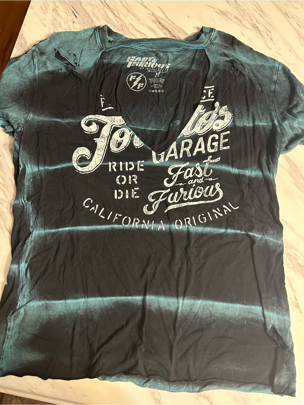 Affliction Fast and Furious Women's Black and Teal Striped V-Neck Tee